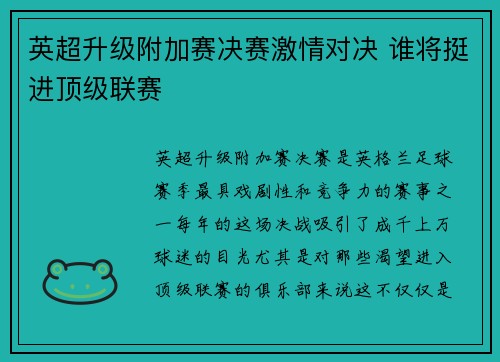 英超升级附加赛决赛激情对决 谁将挺进顶级联赛