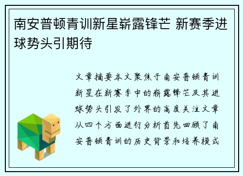 南安普顿青训新星崭露锋芒 新赛季进球势头引期待